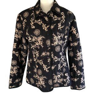Carole Little Silk Quilted Jacket XL Black Asian Floral Bird Print